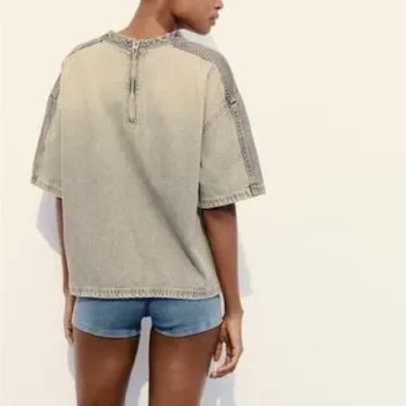 Zara Grey Blue Denim Cropped Top Bloggers Favorite Women’s Size XL - Picture 2 of 7